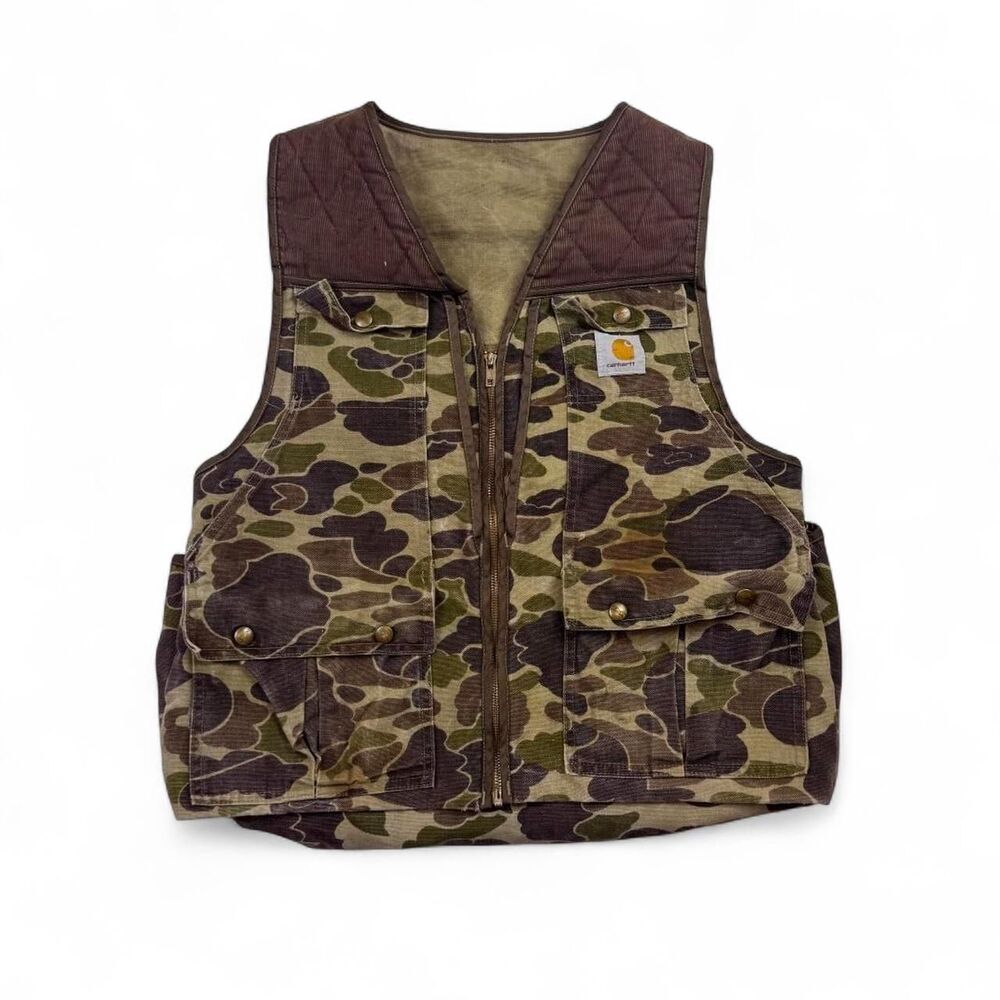 Vintage 80s Carhartt Camo Duck Canvas Hunting Vest M L Quilted Corduroy Workwear